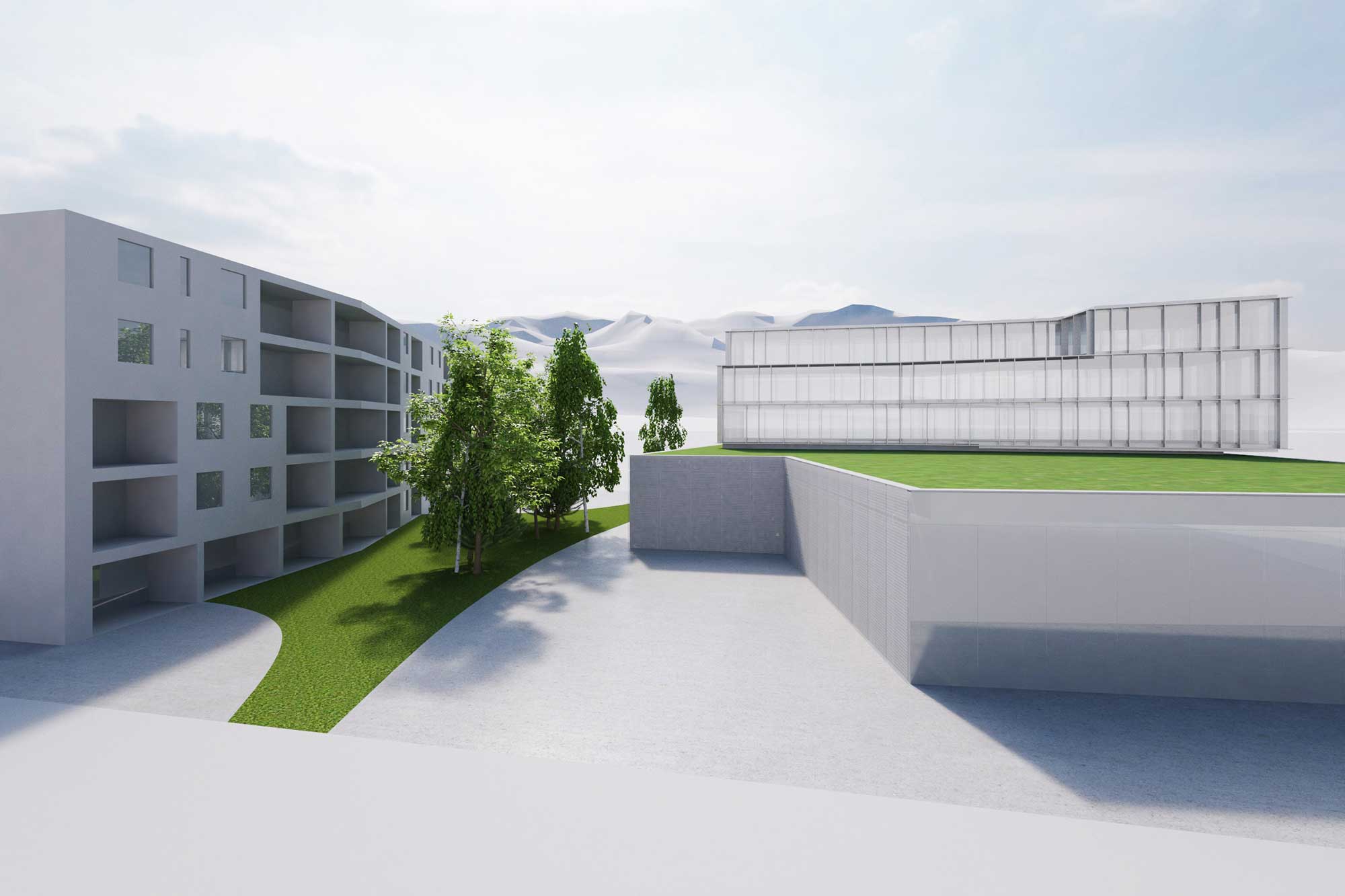 Spazio condiviso tra due volumi architettonici: un edificio residenziale a sinistra con logge e uno con tetto verde e facciata vetrata a destra. In mezzo, un’area verde alberata. Progetto di Stefano Pigazzani Architetto.