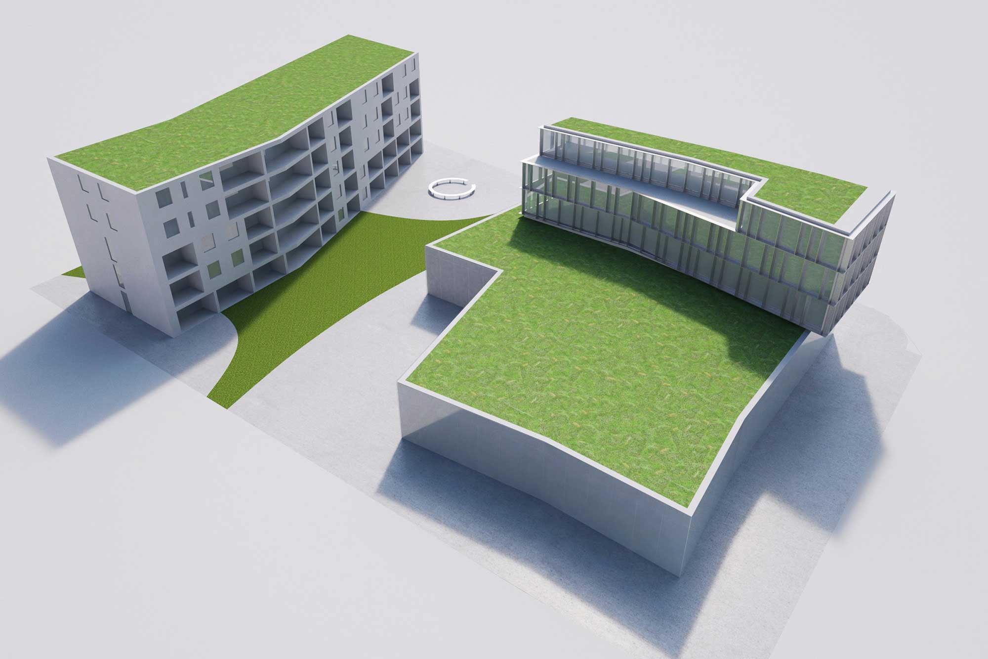 Vista dall’alto del progetto architettonico di Stefano Pigazzani Architetto, con tetti verdi, percorsi curvilinei in prato e una corte centrale tra gli edifici. Le forme dinamiche si integrano con il paesaggio circostante.