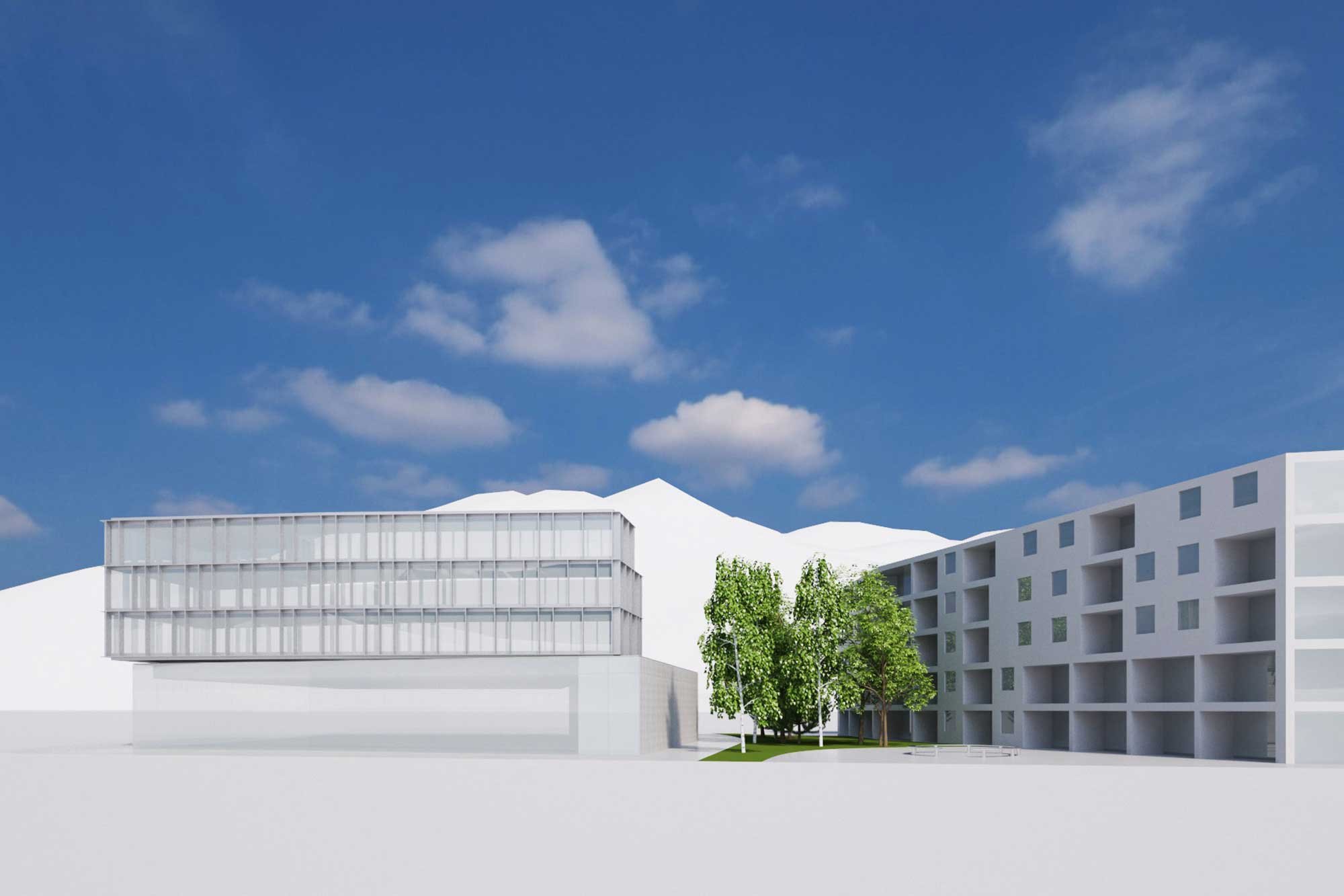 Render frontale di un edificio trasparente e modulare con facciata vetrata, affiancato da un volume residenziale con balconi. Al centro, uno spazio verde con alberi. Progetto firmato da Stefano Pigazzani Architetto.
