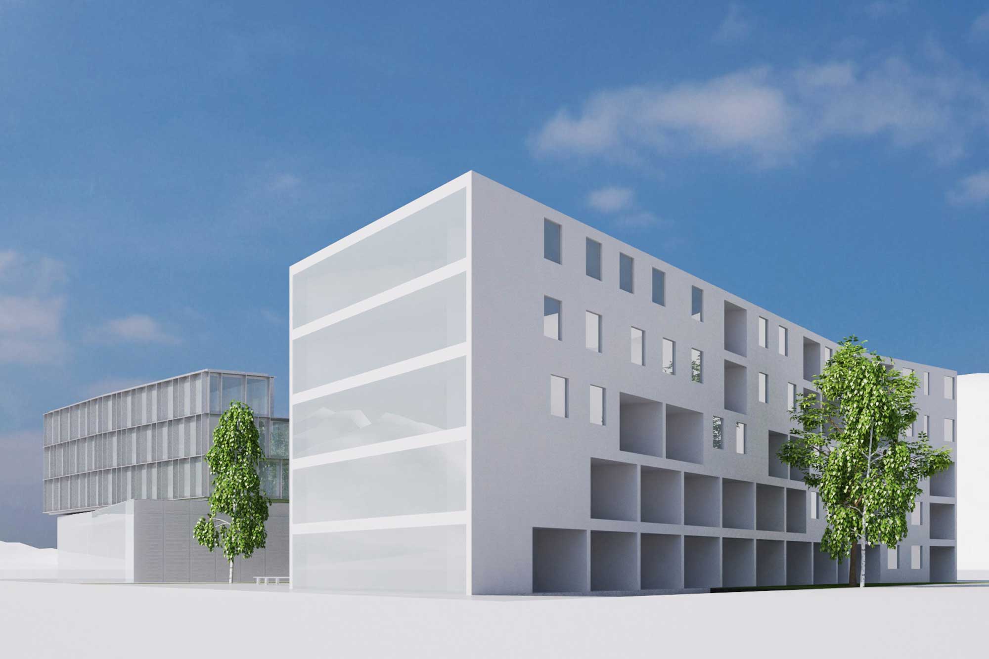 Vista prospettica su un edificio residenziale bianco con balconi incassati e finestre regolari, affiancato da una struttura trasparente a più piani. Progetto di Stefano Pigazzani Architetto inserito in un contesto urbano con alberature.